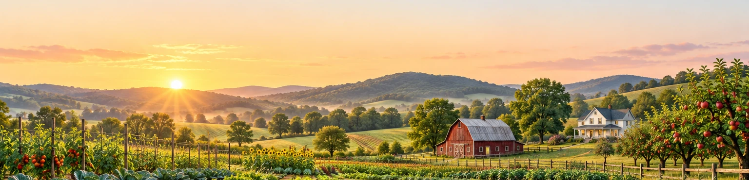 Farm Info: sunrise over a farm with a red barn, orchard and vegetable rows
